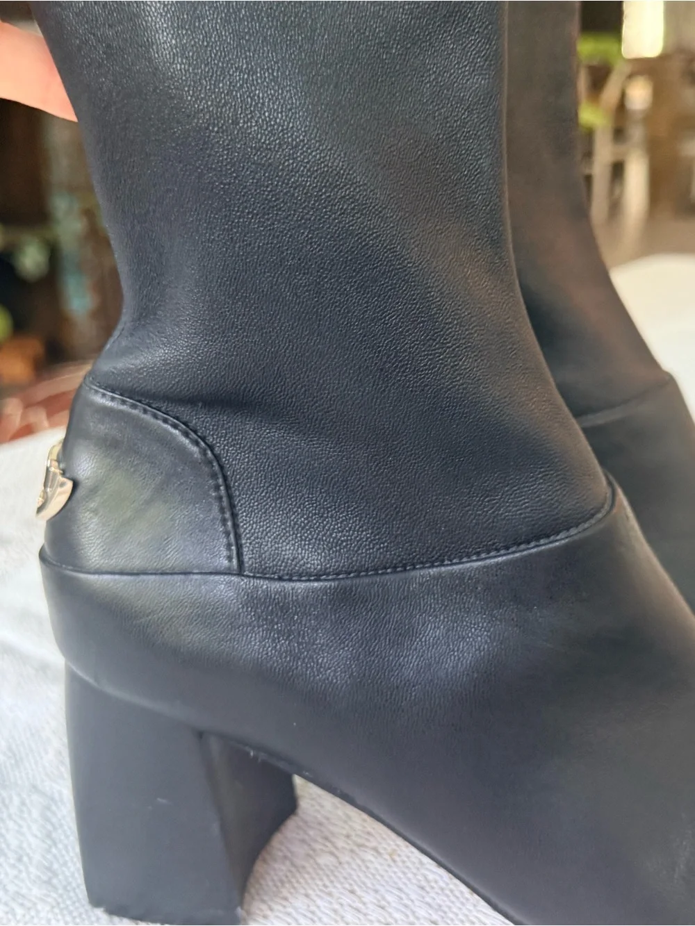 Tory Burch Cap Toe Black Leather Stretch Knee-High Boots Gold Logo Size 7.5M
